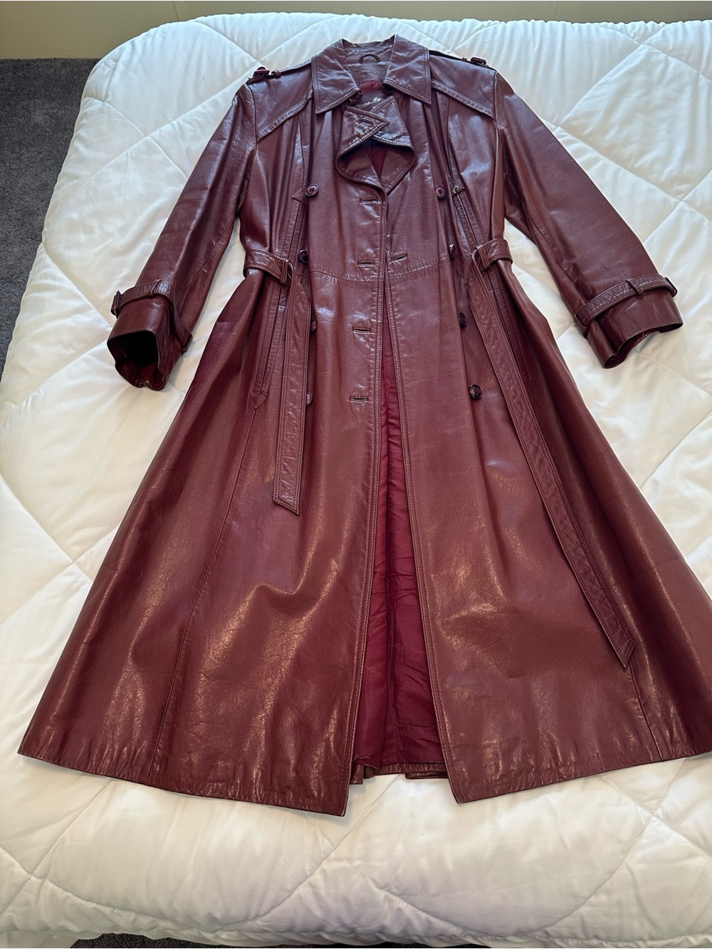 Vintage Ettiene Aigner Long Burgundy Leather Trench Coat - Picture 2 of 12